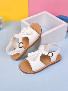 Girls White Tassel Sandals Adjustable Buckle Flat Casual Shoes Summer Beach Sandals 2025 - Beige - View 5