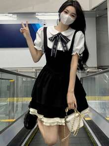 Collegiate Style 2 In 1 Cinching Waist Bow Decor Dress (With Tie) Black Elegant Summer - Black - View 5