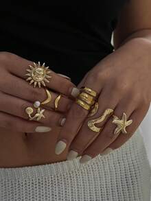 6pcs/Set Ocean Holiday Geometric Exaggerated Water Drop, Sunflower, Starfish Metallic Stacking Rings Set, Luxurious Elegant For Wedding, Party, Beach, Casual, Street Style, Women, Couples, Holiday, Birthday, Versatile Gift - Ring - View 1