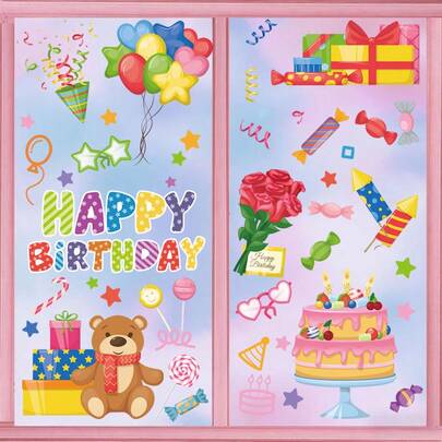1 Set Of 9 Birthday Theme Window Stickers, Includes Candle, Message, Balloon, Gift Box Designs, DIY Removable Static Cling Decals, Suitable For Birthday Party Window & Display Decoration