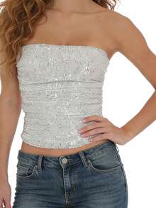 Women's Sequin Slim Tube Tops Solid Shiny Strapless Bandeau Ruched Slim Fit Cropped Vest - Grey - View 4