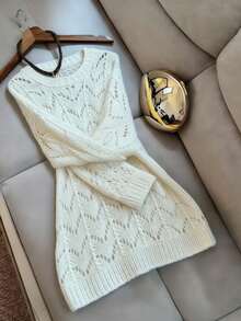 Suéter Branco Francês Vazado de Cor Sólida para Férias na Praia, Crochê Solto Vazado, Suéter Requintado de Alta Qualidade, Cobertura para Festa de Férias, Adequado para Uso Diário, Sobreposição, Férias na Praia, Festa na Piscina - Branco - Visão 1