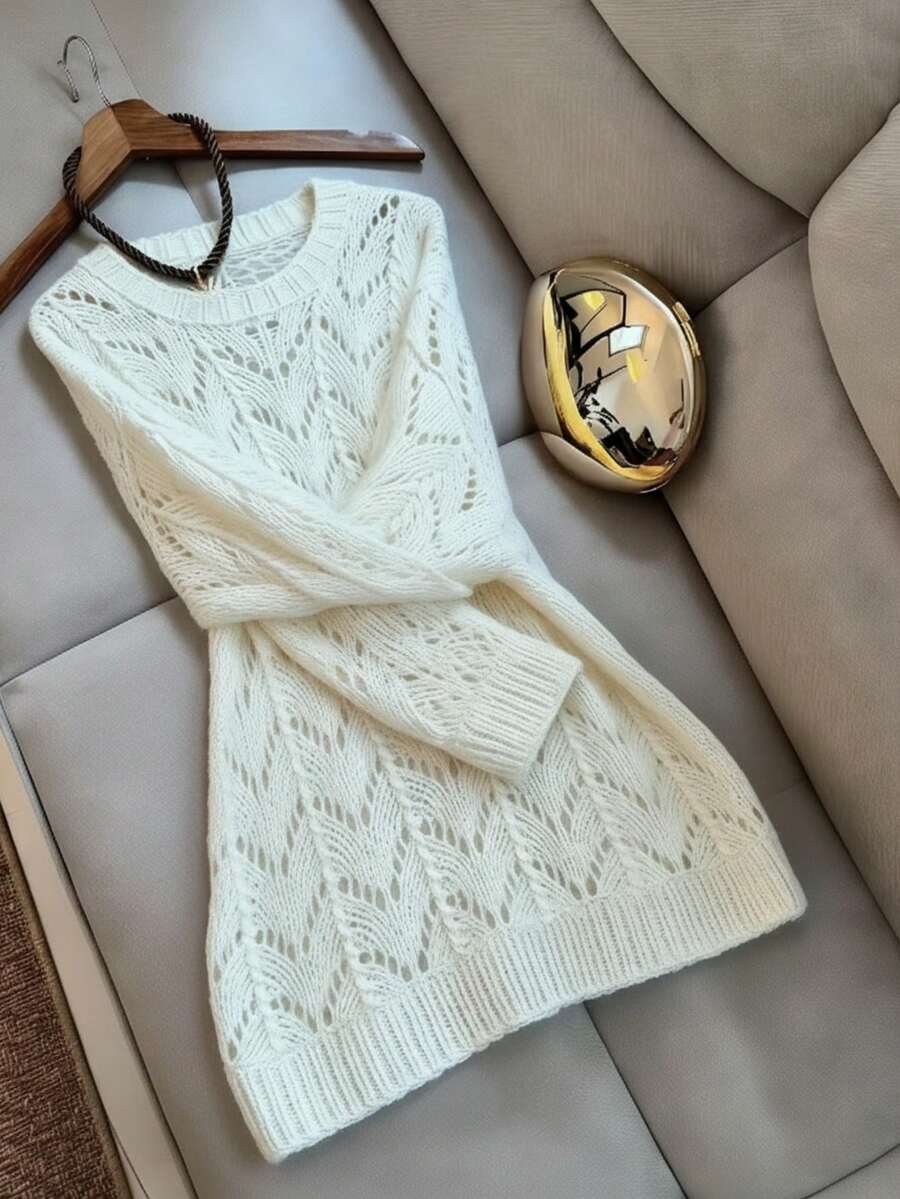 Suéter Branco Francês Vazado de Cor Sólida para Férias na Praia, Crochê Solto Vazado, Suéter Requintado de Alta Qualidade, Cobertura para Festa de Férias, Adequado para Uso Diário, Sobreposição, Férias na Praia, Festa na Piscina - Branco - Visão 1