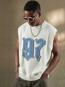 男士街头学院风数字印花无袖针织背心 - 白色 - 查看 1