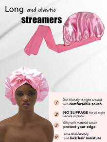 1件套带可调节肩带、发圈和帽子的发帽，适合自然卷发女性 - 多色(純色)飄帶睡帽 - 查看 5