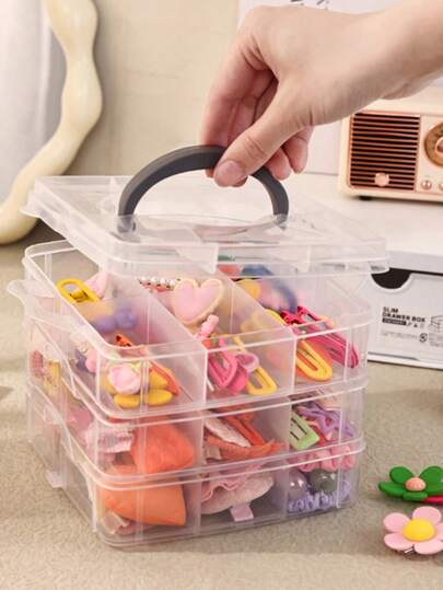 1 pieza Caja de almacenamiento de plástico transparente de 3 capas, caja de joyería, caja organizadora, blanca con elementos de Pascua, adecuada para almacenar cosméticos, joyería, juguetes, calcetines, etc. Con asa, diseño de múltiples compartimentos, componentes electrónicos, tornillos, rejilla de clasificación de accesorios, a prueba de polvo, gran capacidad, ideal para accesorios para el cabello, aretes, collares, cuentas, suministros de manualidades, regalo del Día de San Valentín, regalo de Navidad, regalo de regreso a la escuela