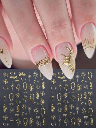 2pcs Hot Stamping Nail SAtickers Star And Moon Totem Solar System Y2K Gold Silver Sun Pattern Back Glue Diy Nail Decals