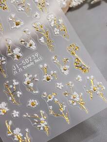1/2pcs White Daisy & Golden Leaf Glitter Nail Stickers - Multicolor - View 6