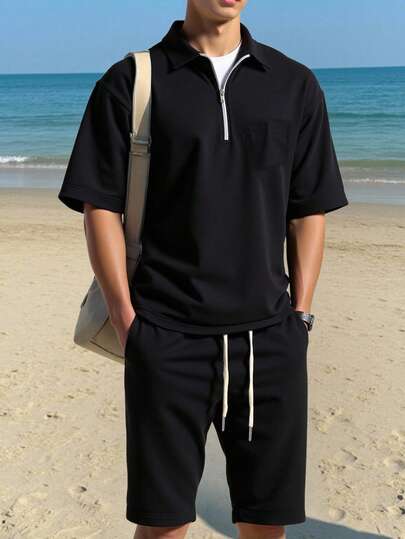 Men's Outdoor Set, Basic Half-Zip Short Sleeve T-Shirt And Drawstring Shorts, Suitable For Outdoor Sports, Running, Fitness, Etc.