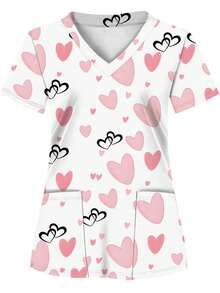 White Base Allover Print Women's Uniform Top, 2 Pockets, Nursing Scrub Shirt, Dental Clinic Workwear, Healthcare Uniform Top, Short Sleeve Nurse Shirt, Knit Fabric, 4 Seasons Spring - Multicolor - View 10