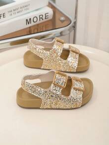 1 Pair Girls' New Fashion Gold Buckle, Glitter Princess Shoes, Suitable For Summer, Beach Sandals - Gold - View 5