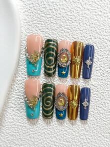 10pcs Retro Multifunctional Gel Manicure Set, Includes Acrylic Nail Stickers, Gold Star & Moon Patterns, Silver Rhinestone Stars, Hand-Painted Gold Halos, Blue-Green Nail Polish, Futuristic Style, Ideal Gift For Women & Girls Nails Handmade Press On Nails - Nhiều màu - Xem 12
