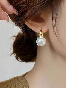 1pair Luxurious White Faux Pearl Copper Alloy Elegant Unique Fashion Hoop Earrings For Women CTGU - 彩色 - 查看 4