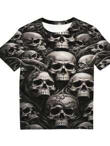 Cool Skull Pattern, Unique Full Body Print, Suitable For Both Men And Women, Summer Casual  Short Sleeved T-Shirt, The Best Gift - màu đen - Xem 3