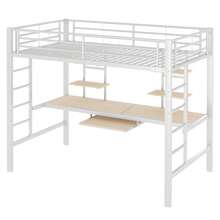 Loft Bed, 90*200 Cm, Metal Bed Frame, Iron Bed, Loft Bed With Desk And Two Bookshelves For Children, Teenagers And Adults, White - White + Metallic + 90cm X 200cm - View 3