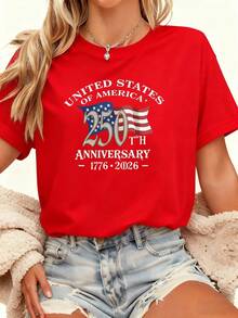 Women 250th Anniversary American Flag Tee, 1776-2026 250 Years Independence 4th Of July Casual Crew Neck Short Sleeve Graphic T Shirt - 紅色 - 查看 7