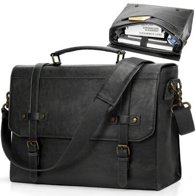 NEWHEY Men Messenger Bag 18 Inch Waterproof Vintage Leather Laptop Briefcase Large Laptop Bag Satchel Bag Computer Shoulder Bag For Office Business Travel College