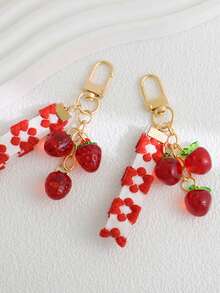 1pc Kawaii Fruit Keychain With Flower Lanyard – Resin Cherry Strawberry Pendant For Women Girls Bag Decor - Red - View 5