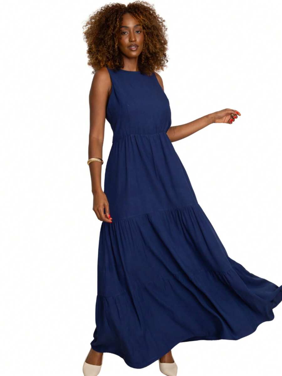 Women's Premium Summer Dress, Charming, Lightweight, Elegant, Casual, Stylish, Party, Asymmetrical, Hem With Ruffle, Knot, Wedding - Royal Blue - View 1