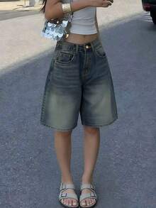 Teens' Fashionable Straight Loose Wide-Leg Casual Non-Stretch Denim Shorts - Champagne - View 4