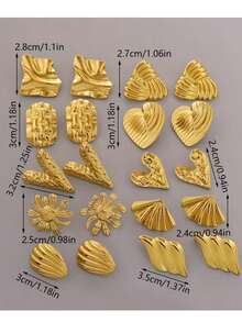 24 Pieces - 304 Stainless Steel Earrings, Elegant And Fashionable With Low Allergenicity. Multi-Element Irregular Geometric Earrings Featuring Flowers, Wings, Hearts, Squares, Etc. - Multicolor - View 2