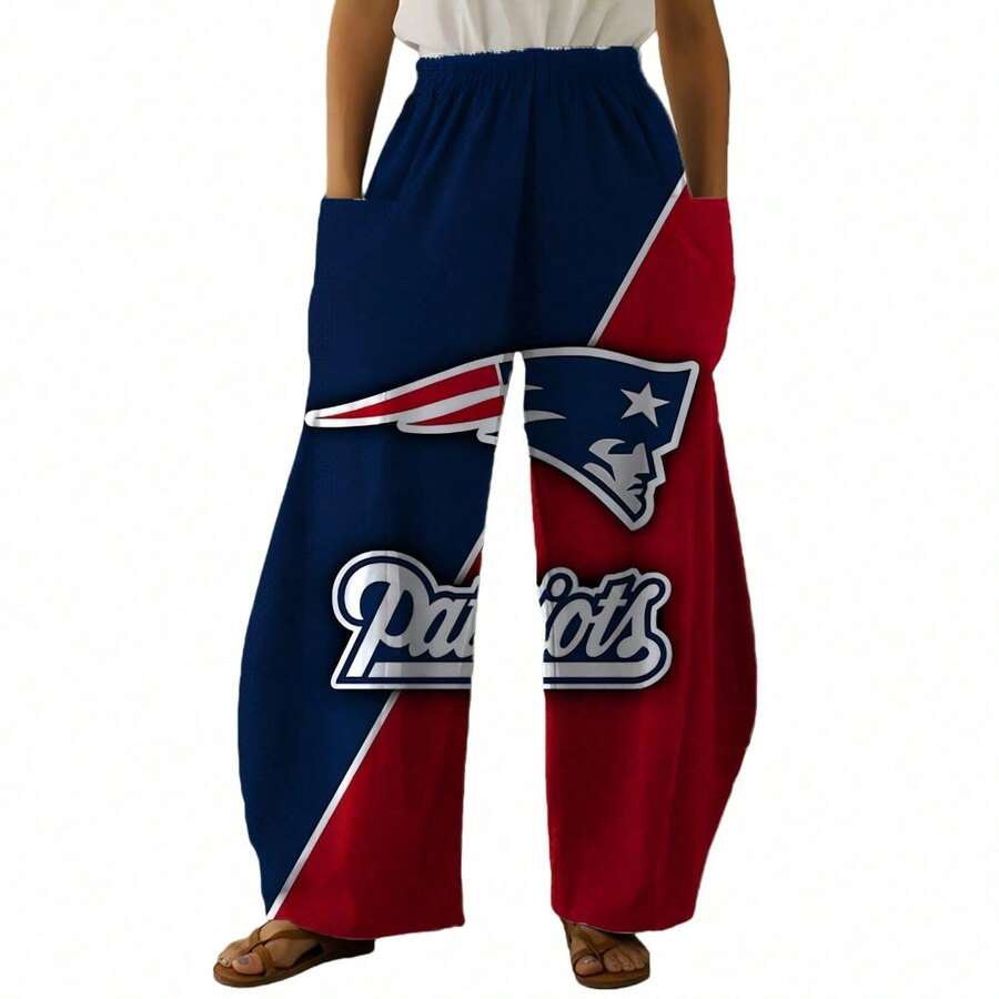 New England Patrio-3D Women's Fashion Wide-Leg Outdoor Sports Pants, Women's Casual American Football Team Print Wide-Leg Pants, Women's Wide-Leg Pocket Pants, Weekend Casual Wear - Multicolor - View 1