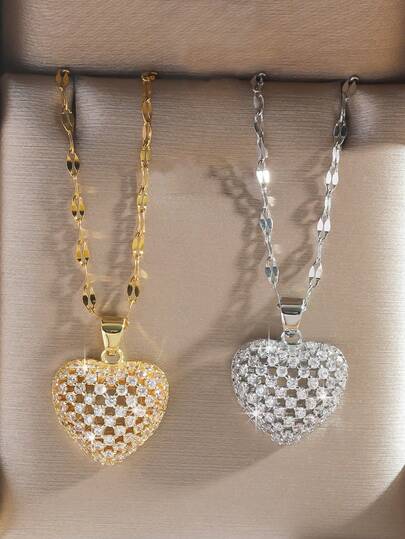 1件镂空心形吊坠项链，闪亮心形吊坠，甜美可爱风格，适合情侣约会/日常佩戴，独特的糖果心形元素，闪亮夺目