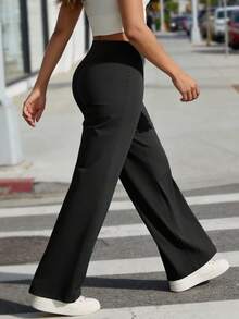 NcmRyu 1pc Women High Waist Elastic Loose Flared Leg Casual Pants - Black - View 8