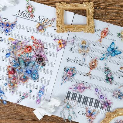 50pcs European Jewelry Ruby & Sapphire Necklace Earrings Transparent PET Material Graffiti Stickers Suitable For Luggage, Phone Cases, Laptops, Helmets, Skateboards, Waterproof Decorative DIY Stickers