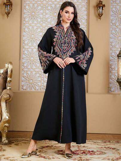 SISKAKIA Vestido/abaya de tela jacquard con estampado floral elegante, con bordados y cuentas, para festivales, primavera/verano