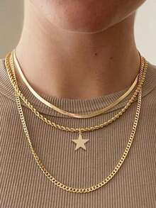 3件套独特不锈钢镀金丝光滑刀片链，搭配扭编多层五角星吊坠项链，适合女孩海滩度假佩戴 - 金黃色 - 查看 1