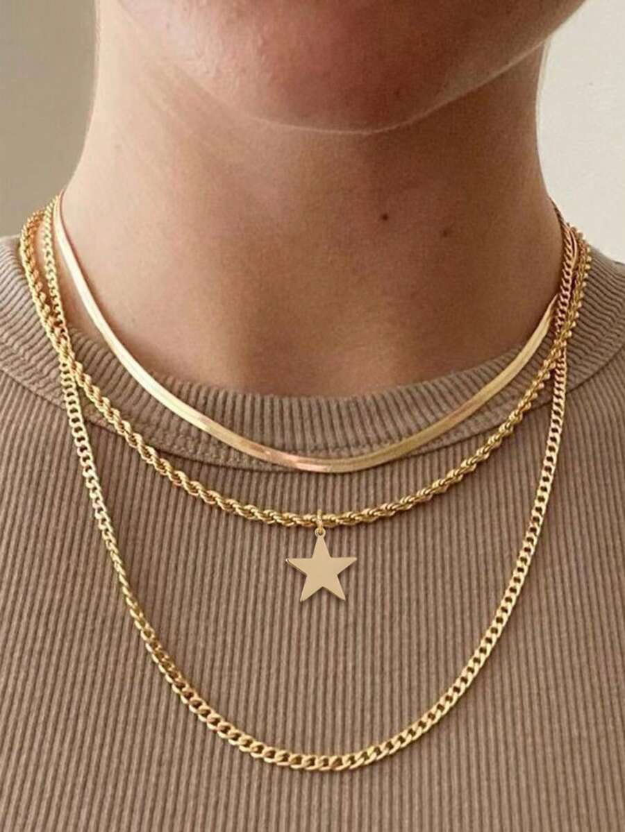 3件套独特不锈钢镀金丝光滑刀片链，搭配扭编多层五角星吊坠项链，适合女孩海滩度假佩戴 - 金黃色 - 查看 1