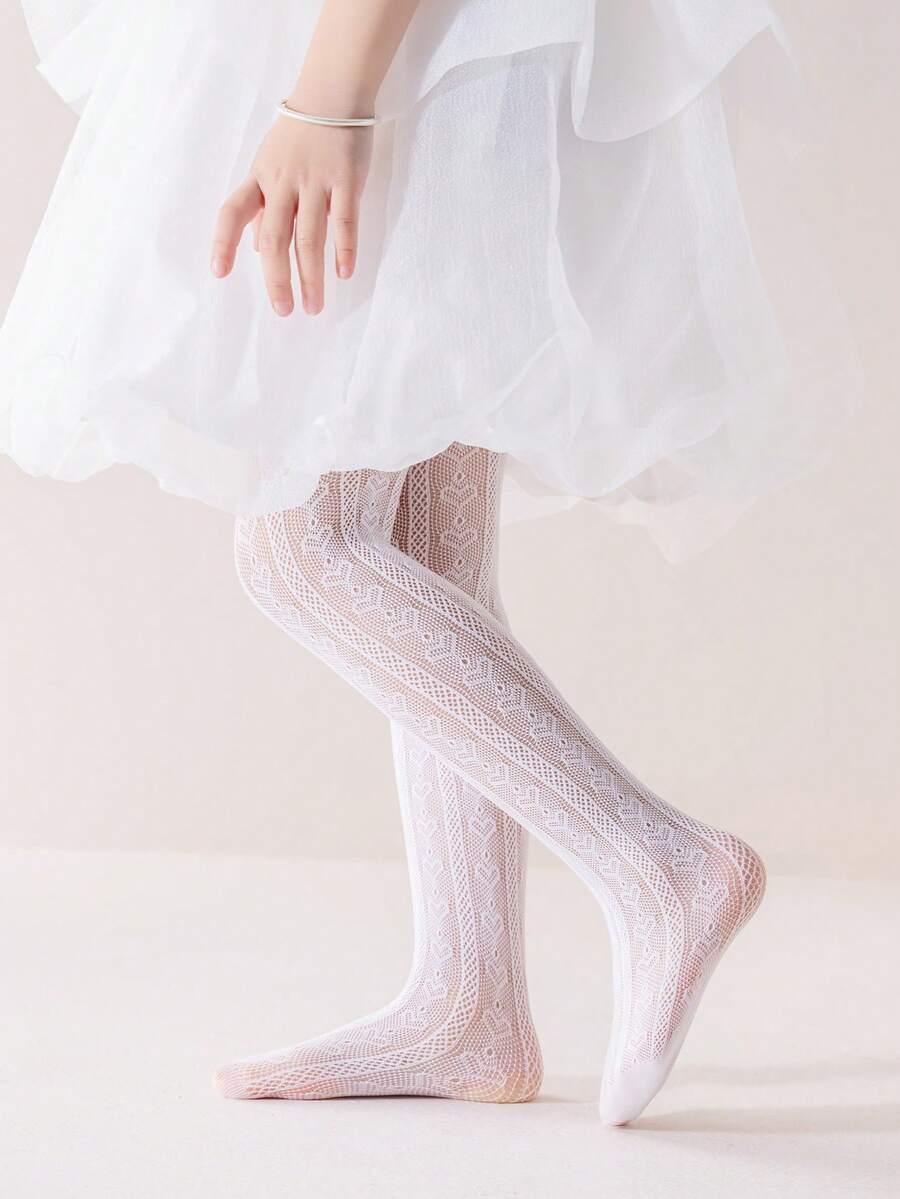 1pc White Mesh Hollow Heart Children's Pantyhose, Minimalist Classic Stylish, Skin-Friendly Comfortable Lightweight Breathable Versatile Tights, Suitable For Daily Wear, Gifts, Parties, Travel, Back To School - White - View 1