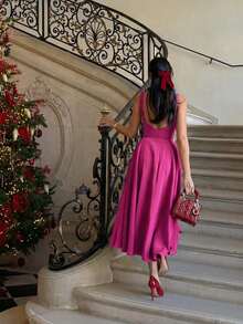 Elegant French Romantic Backless Christmas Party Date Night Bodycon Dress - Hot Pink - View 4