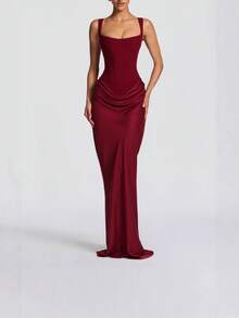 1pc Women's Solid Color Elegant Bodycon Long Sleeve Deep V Dress - Red - View 2