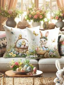 4pcs Easter Bunny & Egg Floral Decorative Pillow Covers | Cute & Interesting Blue & Green Soft Comfortable Pillow Shams, Single-Sided Printed, Suitable For Spring Living Room Bedroom Sofa Bed Decor, Polyester Material Machine Washable - Apricot - View 5