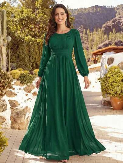 优雅雪纺圆领灯笼袖长袖深绿色伴娘礼服，适合特殊场合、盛会、婚礼宾客等。