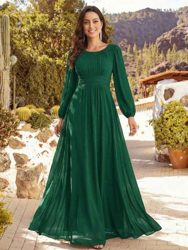 Elegant Chiffon Round Neck Lantern Sleeve Long Sleeve Deep Green Bridesmaid  Dress, Suitable For Special Occasions, Galas, Wedding Guests, Etc. Spring -  Product Video