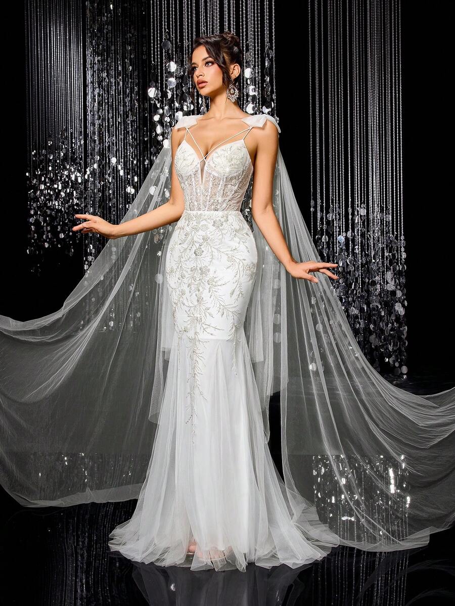 拼接派对拉链网纱水钻装饰优雅纯色婚纱 - 白色 - 查看 1