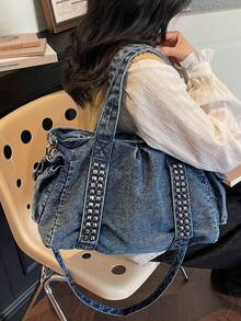 新款时尚铆钉大容量水洗帆布手提包，女士休闲通勤手提单肩斜挎包 - 深色水洗藍 - 查看 4