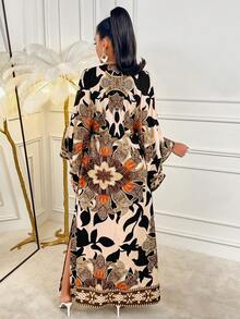 AIJ Amarilo Women's Elegant Floral Print Deep V-Neck Flare Sleeve Dress - Brown - View 2