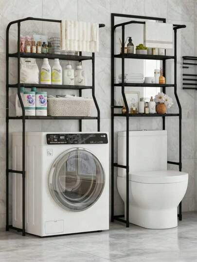 1 pezzo Scaffale multifunzione a 3 ripiani, bicolore nero e bianco, organizer da terra per bagno/balcone con barra portasciugamani + grande cestino portaoggetti, soluzione salvaspazio impermeabile