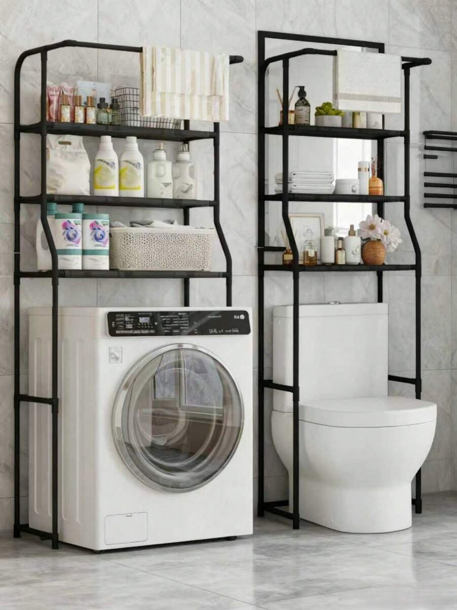 1pc Multi-Function Storage Rack, 3-Tier Black & White Dual-Color Storage Shelf, Bathroom/Balcony Floor Standing Organizer With Towel Bar + Large Capacity Storage Basket, Bathroom/Balcony Floor Standing Organizer, Waterproof Space-Saving Solution - Multicolor - View 1