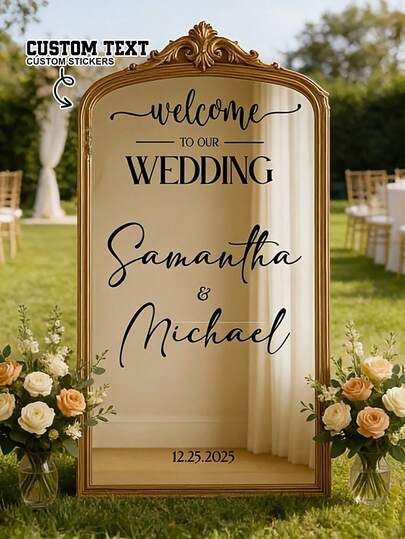 Personalised Wedding Decal For Mirror, Elegant Vinyl Welcome Sign Sticker, Glam Romantic Theme, 2D Plane, Multipurpose Decor For Reception Or Ceremony, English Language, Vinyl Material, Custom Wedding Sign Plaque