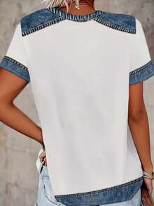 Tee-shirt manches longues élégant imprimé pour femmes grandes tailles - Patchwork en faux denim imprimé numérique distinctif, convient pour le travail, le quotidien et toutes les occasions. Beau tee-shirt en tissu polyester, col rond, pull-over léger et doux pour l'été - Blanc - Voir 4