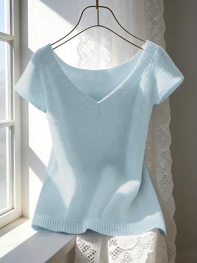 Women's Casual Elegant Daily Versatile Solid Color V-Neck Fitted Short Sleeve Shoulder Splice Ribbed Patchwork Design Blue Regular Knit Pullover Sweater, Spring/Summer