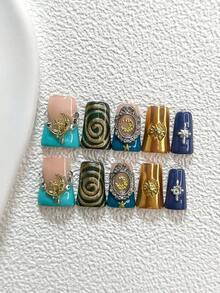 10pcs Retro Multifunctional Gel Manicure Set, Includes Acrylic Nail Stickers, Gold Star & Moon Patterns, Silver Rhinestone Stars, Hand-Painted Gold Halos, Blue-Green Nail Polish, Futuristic Style, Ideal Gift For Women & Girls Nails Handmade Press On Nails - Nhiều màu - Xem 19