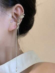 Elegant Butterfly Tassel Ear Cuff For Women, Clip-On No Pierced Earring, High-End, Soft Wind Tassel Ear Accessories (Handmade Tassel Chain, Slight Variation Of Bead Spacing) - Silver - View 7