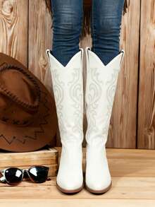 Women's Cowboy Boots, High-Top Western Cowboy Boots, Embroidered Women's Boots, Leather Boots, Vintage Western Boots, Pointed High-Heeled Women's Boots, Cowboy-Style Embroidered Boots, Mid-Heeled Cowboy Boots, Fashionable Western-Style Boots, Cowhide Embroidered Boots - 白色加厚 - 查看 8