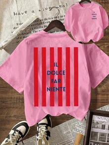 LA DOLCE Rosa Kontrast Gestreiftes Grafik T-Shirt, Sommer für Frauen, Urlaub & Strand, Lässig Rundhals Kurzarm T-Shirt in Große Größen - Aprikosenfarben - Übersicht 1
